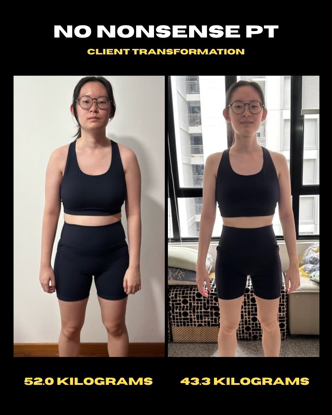 Client progress shared by NNPT: 52.0 kg to 43.3 kg