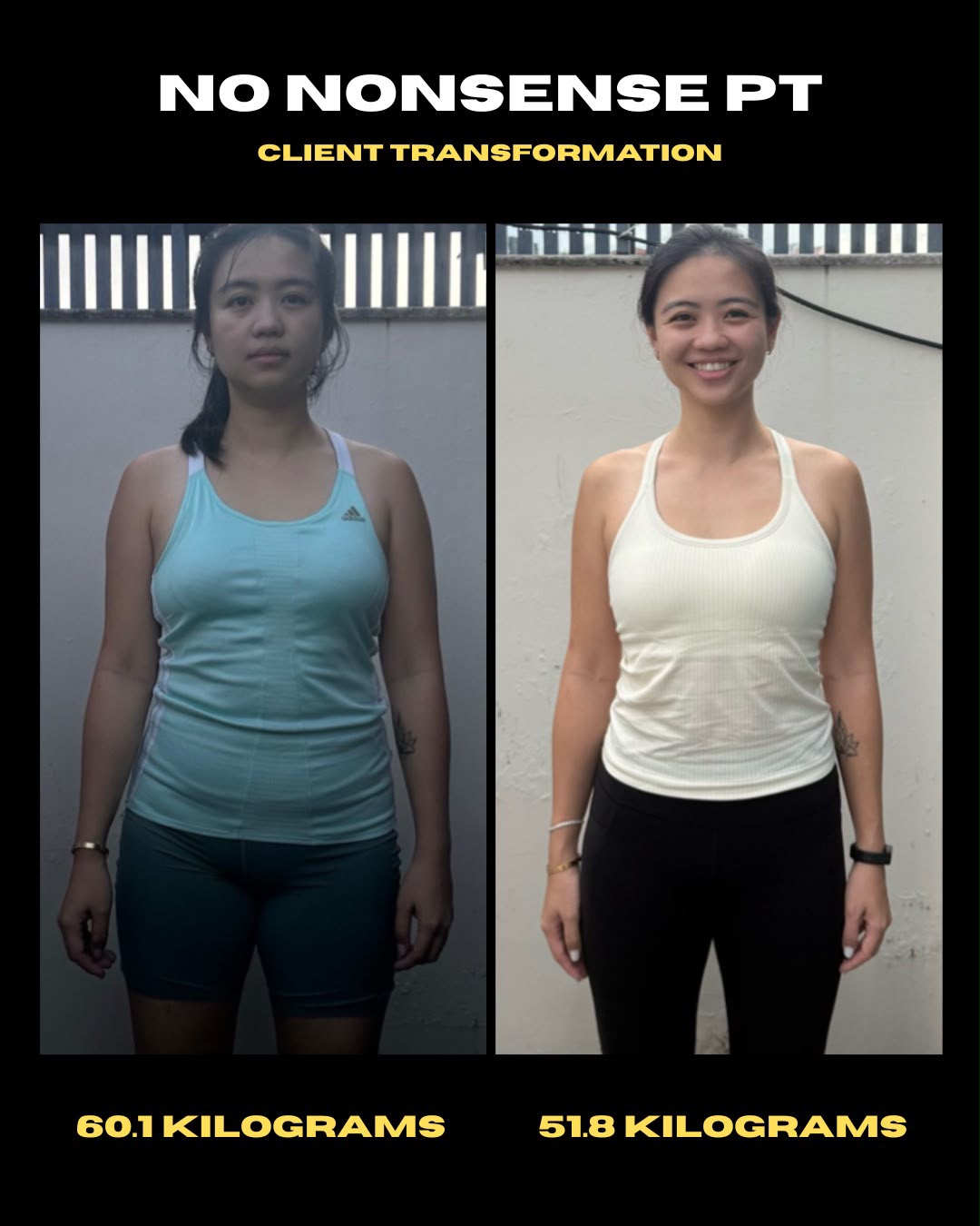 Client progress shared by NNPT: 60.1 kg to 51.8 kg