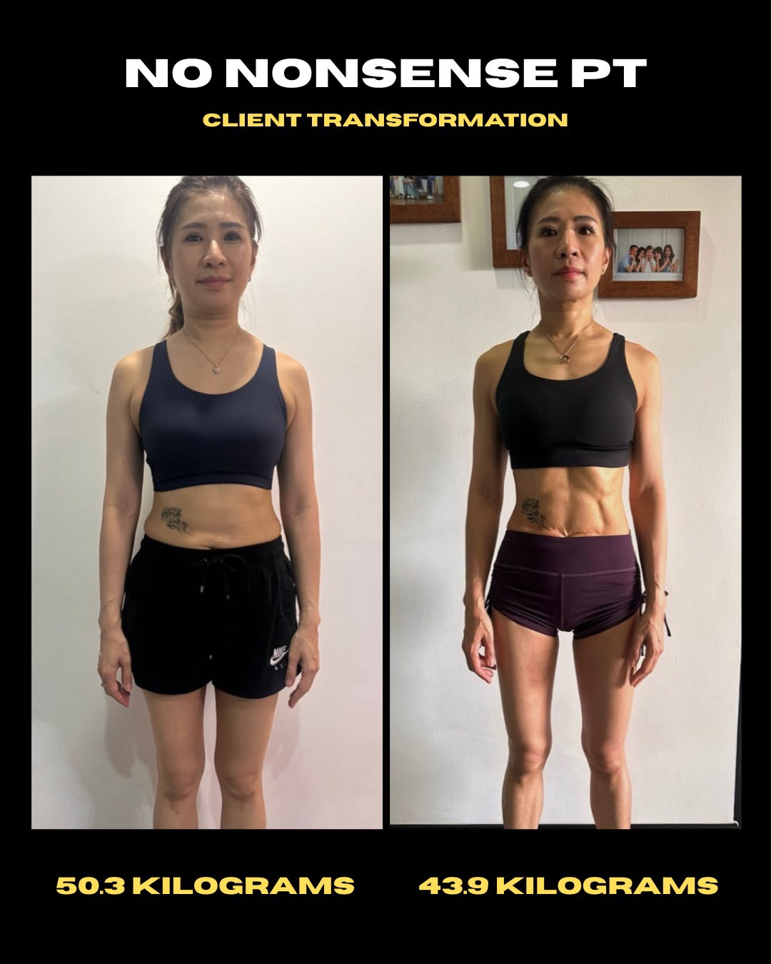 Client progress shared by NNPT: 50.3 kg to 43.9 kg