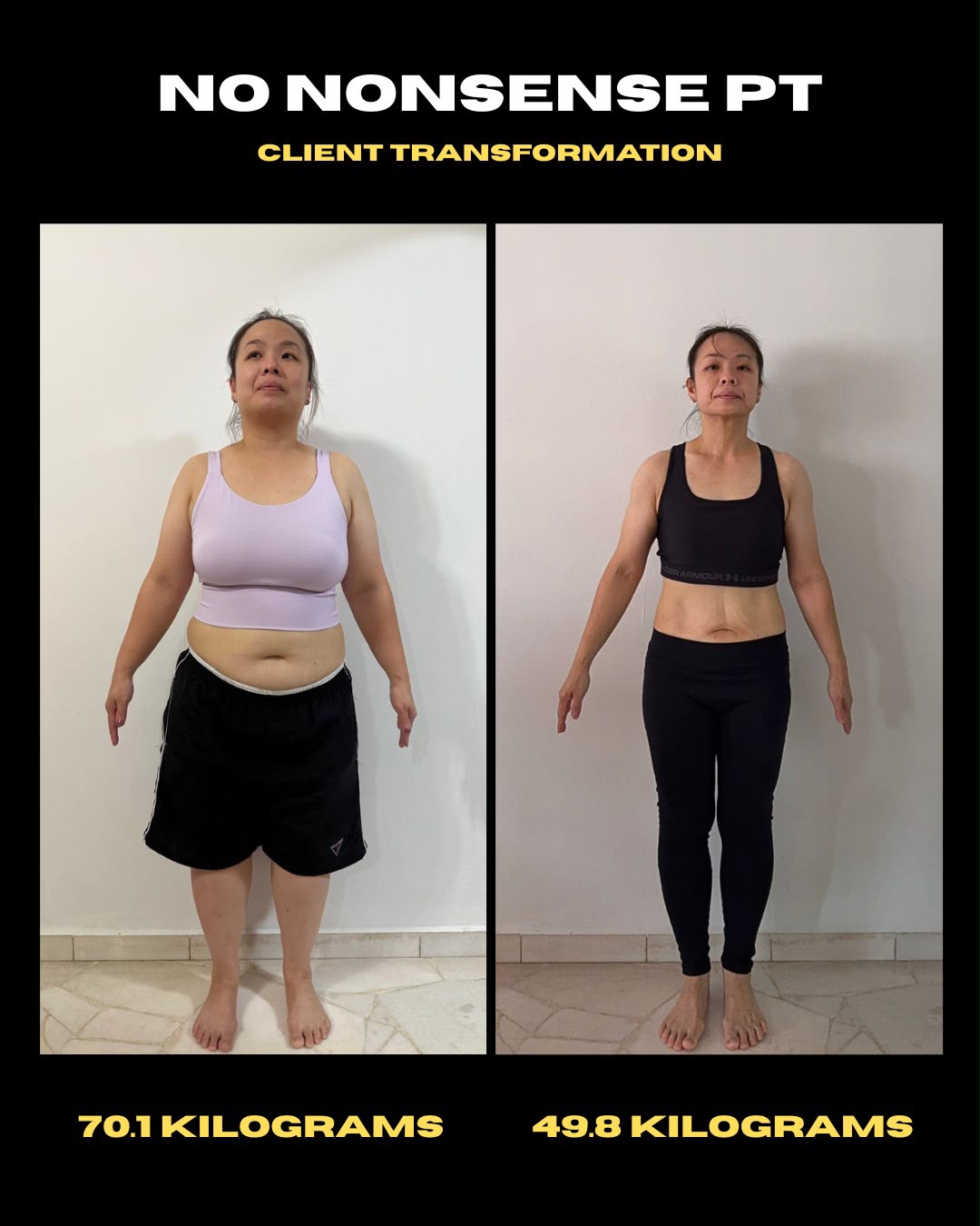 Client progress shared by NNPT: 70.1 kg to 49.8 kg